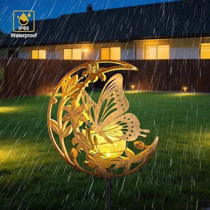 ShangTianFeng Butterfly Lights Outdoor Decor - Moon & Bird SolaGardenLights Waterproof, Auto On/Off Pathway Lighting for Yard/Lawn/Patio, Handcrafted Metal Solar-Stake-Lights for Outside Decorations
