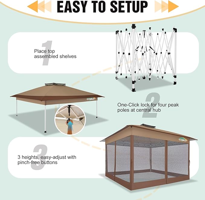 COBIZI 13x13 Pop Up Gazebos On Clearance Canopy Tent- Upgrade Metal Outdoor Canopy Waterproof - Portable Gazebo with Mosquito Nettings, 4 Ropes 8 Stakes and Carry Bag for Patio Garden(Brown)