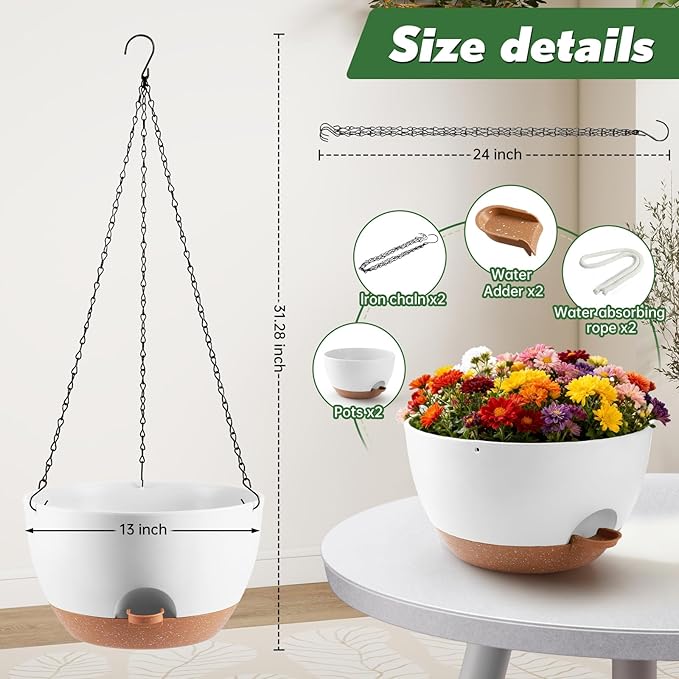 13-inch Oversized Hanging Planter Set of Two,Planters for Indoor and Outdoor Plants.Place Plant pots Across Diverse Settings Including windowsills,Living Room,and Gardens.White-Brown