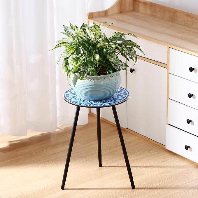 2 Packs Metal Mosaic Round Side Tables 13.4" Small Outdoor Patio Round Accent Coffee Tables Indoor Corner Stand for Small Spaces Weather-Resistant for Balcony, Porch Plant Stands Indoor, Blue Mosaic