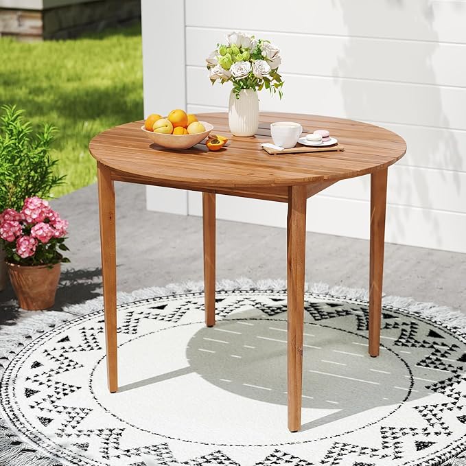 Tangkula 36" Round Outdoor Dining Table for 4, Acacia Wood 4-Person Patio Table with Slatted Tabletop & Adjustable Foot Pads, Indoor Outdoor Dining Furniture for Deck, Garden, Poolside & Backyard
