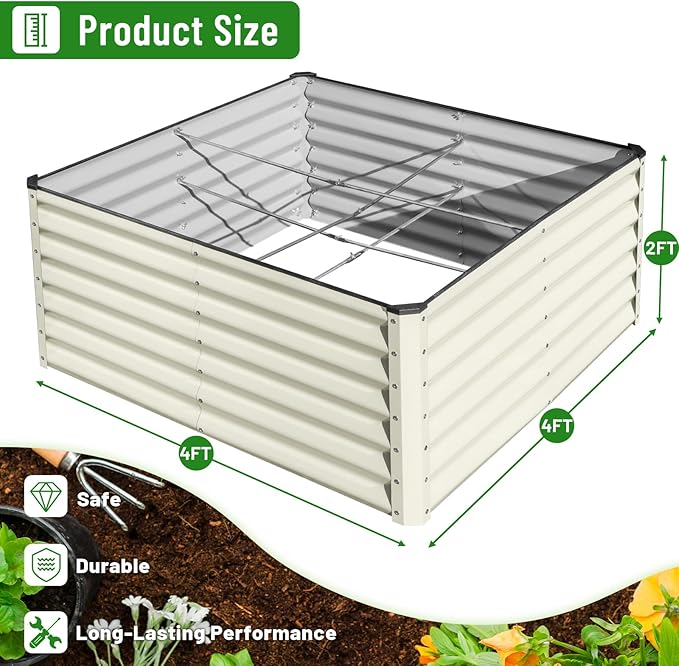 SnugNiture Galvanized Raised Garden Bed 4x4x2FT Outdoor Large Metal Planter Box Steel Kit for Planting Vegetables, Flowers, Beige White