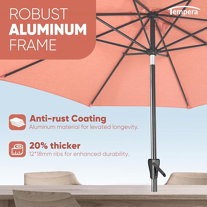 Tempera Patio Market Outdoor Table Umbrella with Auto Tilt and Crank, Large Sun Umbrella with Sturdy Pole & Fade Resistant Canopy, Easy to Set