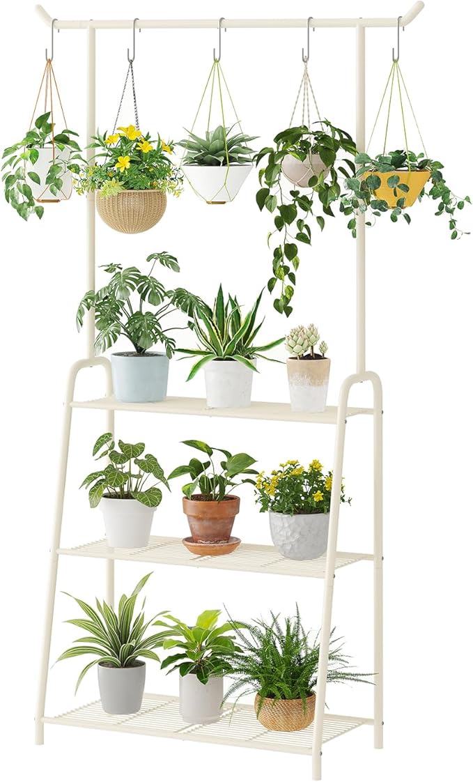 Plant Stand Indoor Outdoor,Metal Plant Stands for Multiple Plants,3 Tier Tall Hanging Plant Shelf,Large Heavy Duty Flower Holder Ladder Plant for Living Room, Patio, Balcony (White)