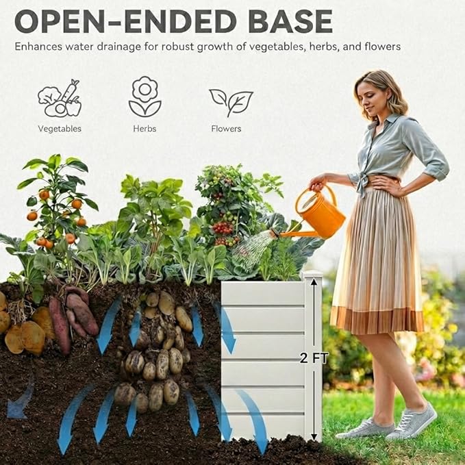 YITAHOME 48x48x24 in Plastic Raised Garden Bed 2pcs with Growth Grid, Large Outdoor Vinyl Planter Box for Plants, Vegetables, and Flowers, Easy Installation, White