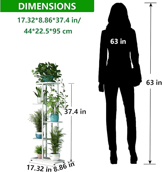 LINZINAR Plant Stand Metal 5 Tier 6 Potted Multiple Flower Pot Holder Shelf Indoor Outdoor Planter Display Shelving Unit for Patio Garden Corner Balcony Living Room (5 Tier 6 Potted, White)