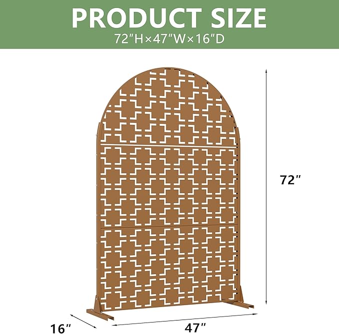 Casaphoria 72" H x 47" W Arched Metal Privacy Screen - Elegant Freestanding Outdoor Screen for Deck, Patio & Balcony - Versatile Decorative Privacy Panels for Home & Garden Use (Brown-Square)