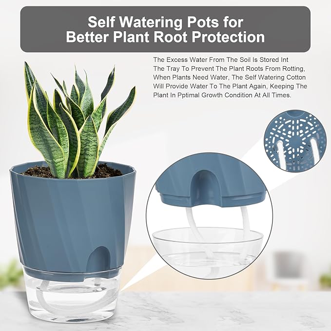 KIMCHOMERSE Self Watering Plant Pots, 6 Inch Plant Pots 6-Pack Indoor Planter Pots with Drainage Holes and Tray for Home Decor（2White, 2Pink, 2Blue）