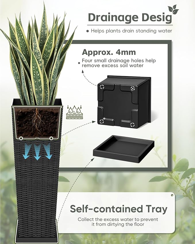 Greesum Set of 2 Tall Plastic Planters with Saucer, 32 Inch Large Pots with Drainage Trays, Weather-Resistant Plastic Plant Containers for Patio, Porch, Garden,Black