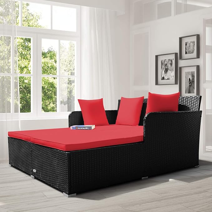Tangkula Outdoor Rattan Daybed, Sunbed Wicker Furniture w/Spacious Seat, Upholstered Cushion & High-Resilience Sponge, Wicker Patio Sofa Set w/Extra Pillows for Courtyard Poolside(Red)