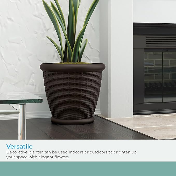 Suncast 18" Resin Indoor/Outdoor Wicker Planter, Brown, Made in the USA
