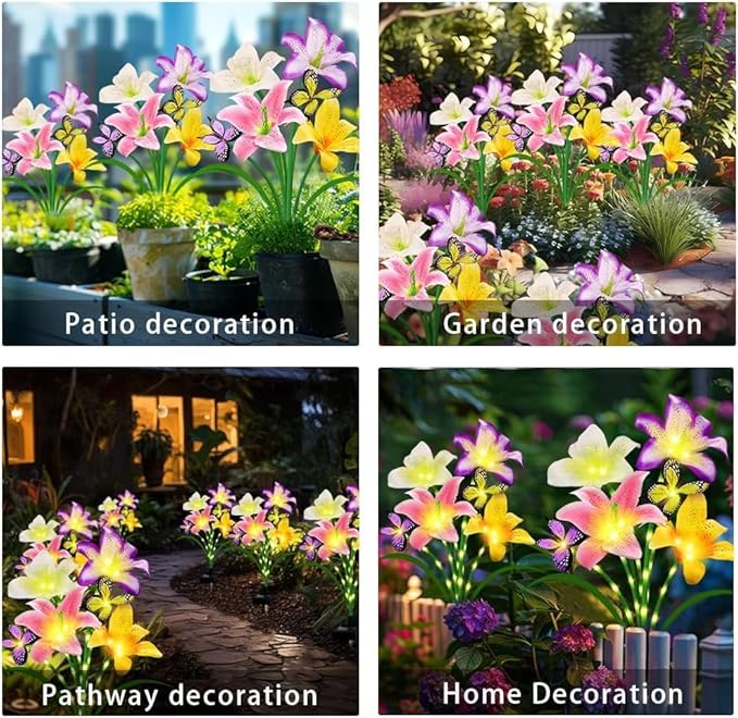 4 Pack Solar Garden Lights LED Solar Lilies Flower Lights, Yard Patio Pathway Decoration High Flexibility Copper Wire Handmade Silk Artificial Flowers Never Wither, Gift for Family, Friends