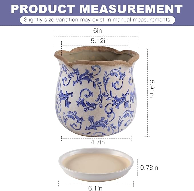 Ceramic-Planters-for-Indoor-Plants with Saucer, 6 inch Vintage Ice Crackle Glaze Plant Pots with Drainage Holes, Decorative Flower Pots for Outdoor Garden Home Decor, Tuscan Pot for Plant