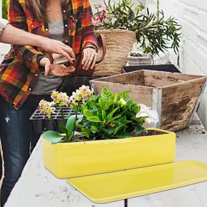 Vencer 14 Inch Rectangular Modern Minimalist Ceramic Succulent Planter Pot - Window Box with Saucer,Office Desktop Potted Stand,Yellow,VF-0173Y