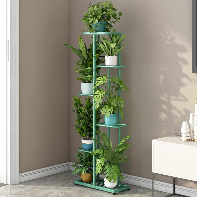 LINZINAR Plant Stand Metal 6 Tier 7 Potted Multiple Flower Pot Holder Shelf Indoor Outdoor Planter Display Shelving Unit for Patio Garden Corner Balcony Living Room (6 Tier 7 Potted, Light Green)