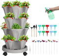 Vertical Planter 4 Tier Stackable Planters Garden Planters Strawberry Herb Flower and Vegetable Planter Indoor Outdoor Gardening Pots with Removable Wheels and Tools