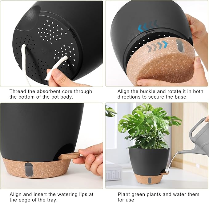 Plant Pots,12/10/9/8/ Inch Large Plastic Self Watering Flower Pots Indoor Outdoor with Drainage Holes, Deep Reservoir,Nursery Planting Pot for Indoor Out Door Plants Black