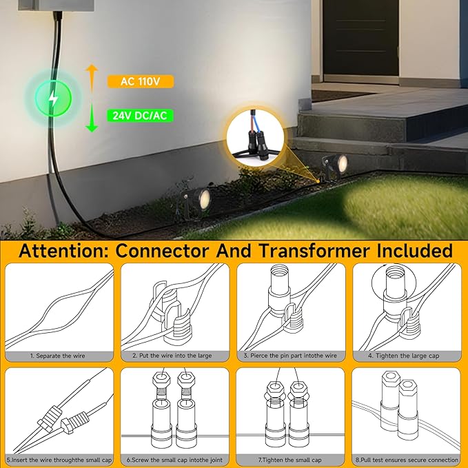 Low Voltage Safety Landscape Lights Outdoor: 7W 840LM LED Landscape Lighting with Connectors & Transformer for Tree Garden Yard Pathway | 24V Warm Yellow 3000K Spotlights | IP65 Waterproof | 12 Pack