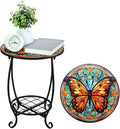 Outdoor Side Table Round Small Mosaic Patio Accent Indoor End Plant Coffee Tea Table for Yard Patio Porch Garden Living Room, Bedroom(Butterfly B Style,16 Inch)