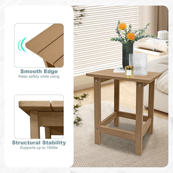 Outdoor Side Table, HDPS Single Adirondack Side Table Weather Resistant, Table for Adirondack Chair, Outside End Table for Patio, Pool, Deck, Porch, Outdoor or Indoor Use,Teak