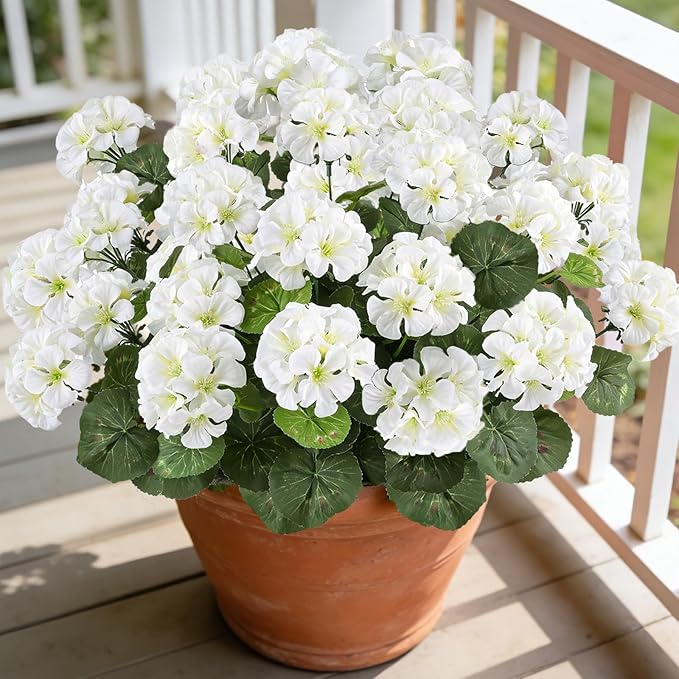 Artificial Geranium Flowers for Outdoors, 6 Bundles Realistic Silk Fake Geranium, No Fade Faux Plants for Hanging Baskets, Window Boxes, Pots - Porch, Patio, Balcony Decor(White)