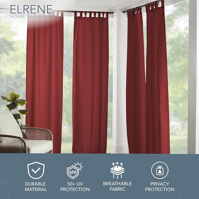 Elrene Home Fashions Matine Weatherproof Tab-Top Indoor/Outdoor Solid Color Curtain Panel for Porch, Pergola, Patio, Deck, 52”W x 84”L, Red