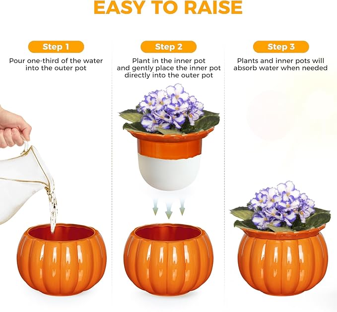 BUYMAX African Violet Pots, Halloween Pumpkin Plant Pots Ceramic Easy Self Watering Plant Pot for Busy Plant Lovers, Automatically Absorb Appropriate Amount of Water, Flower Pot Indoor