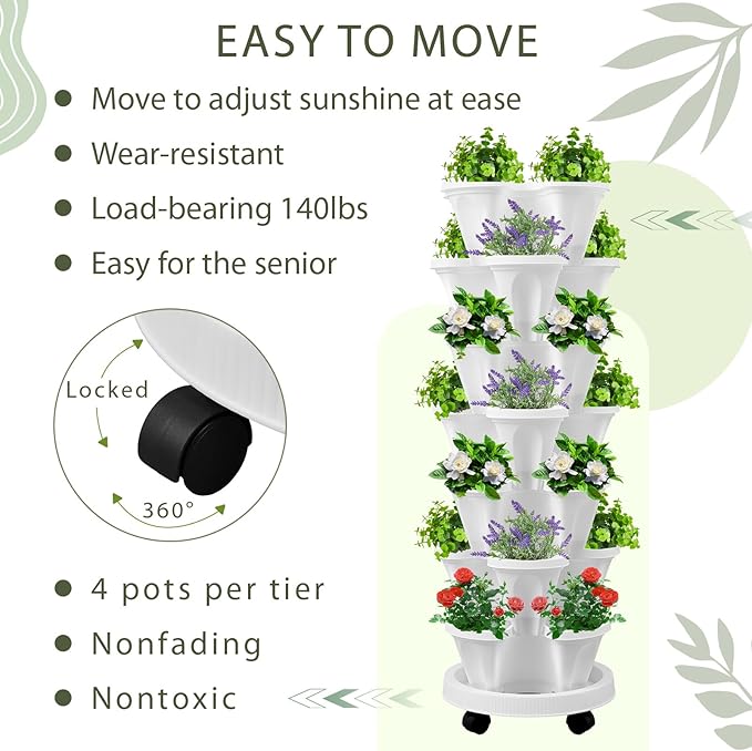 Umigy 2 Set of 7 Tier Vertical Planter Stackable Tower Planters Strawberry Herb Flower and Vegetable Pots Indoor Outdoor Gardening Pots with Removable Wheels and Tools(White,Classic)