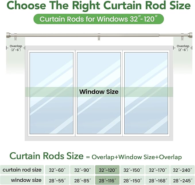 Time Forest Curtain Rods for Windows 66 to 120, 1 Inch Adjustable Heavy Duty Long Window Outdoor Curtain Rod for Patio, Drapery Rods with Simple End Caps, Size 32"-120", Brushed Nickel