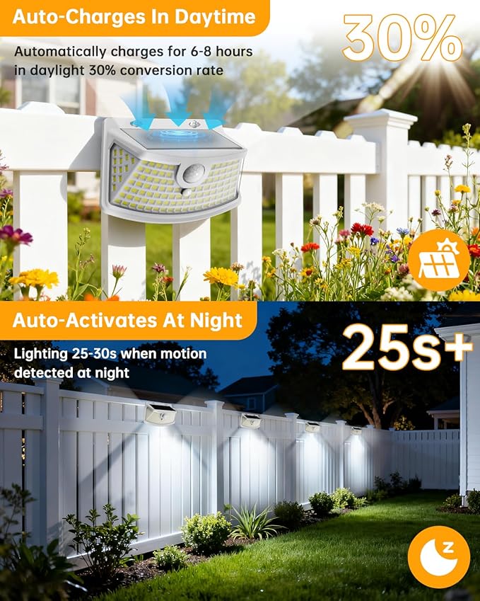 Aootek New Solar Motion Sensor Lights 120 LEDs with Lights Reflector,270° Wide Angle, IP65 Waterproof, Step Lights for Front Door, Yard, Garage, Deck (White, Daylight White, 4-Pack)
