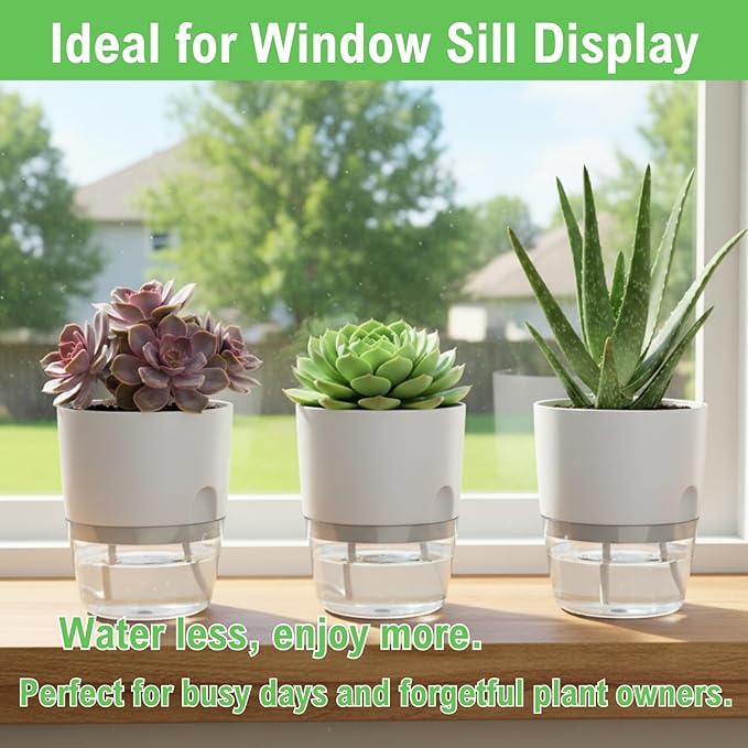 3.2 Inch Self Watering Planters Plastic Planter Pots 3 Pack Wicking Flower Pots Modern Decorative Planter for Small African Violets House Plants,Herbs,Indoor Outdoor Plant (White)