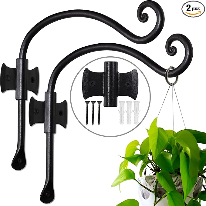RTZEN Plant Hangers Indoor or Outdoor - Wrought Iron Metal Hanger Indoor Hook - Heavy Duty Wall Bracket Hooks for Hanging Plants Baskets Lanterns Wind Chimes - 2 Pack (Black Axe-Shape Hooks)