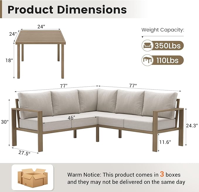 UDPATIO 6 Piece Patio Furniture Set, Faux Wood Metal Outdoor Sectional Sofa with 6" Thick Olefin Cushions, Wide Armrest & Coffee Table, L Shaped Outdoor Furniture for Garden, Backyard Beige