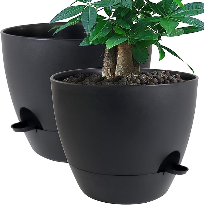 12inch 2Pack Large Self Watering Planters, Plastic Plant Pots with 60oZ Removable Deep Reservoir and Multi Mesh Drainage Holes for Indoor Outdoor Garden Plants and Flowers, Black