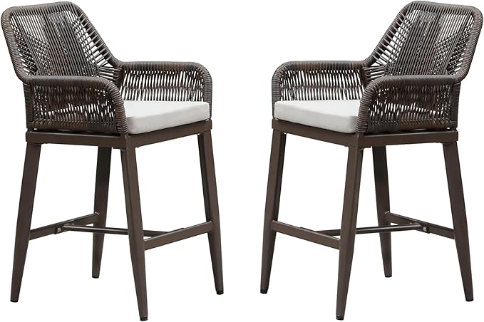 PURPLE LEAF Outdoor 24" Counter Height Bar Stools Chair Set of 2, All Weather Rattan and Aluminum Patio Bar Stool with Cushion for Indoor and Outdoor, Kitchen Island, Coffee