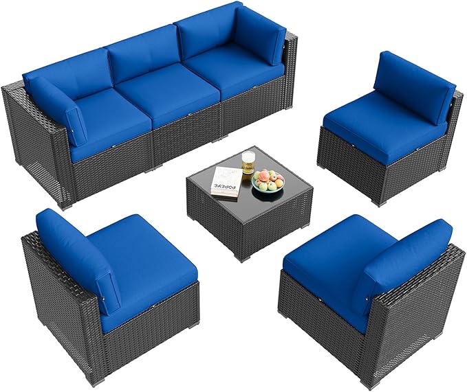 Aoxun Patio Furniture Set, 7 Piece Outdoor Sectional Sofas with Waterproof Cover, Wicker Rattan Outdoor Furniture Patio Conversation Set for Backyard, Garden Navy Blue