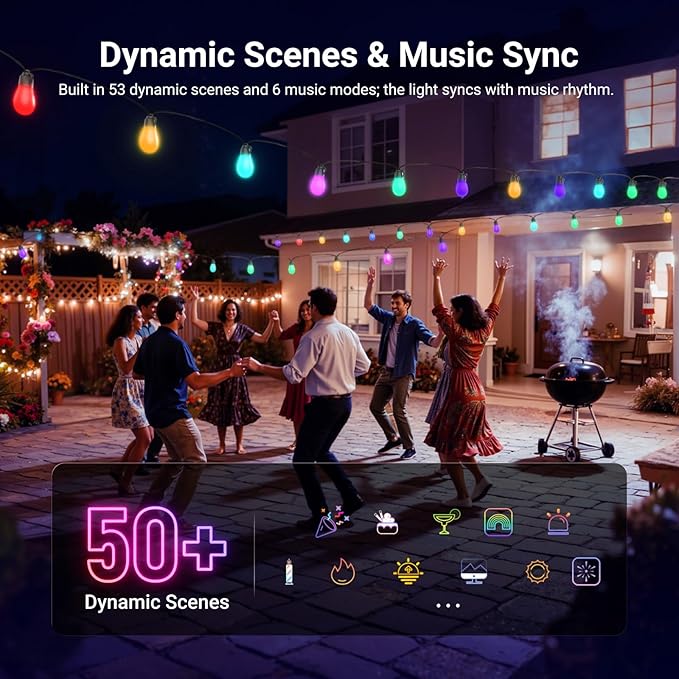 NEEWER 96ft Outdoor String Lights, App Control Smart AI RGBW Hanging Outside Warm White Patio Balcony Backyard Lighting, IP65 Waterproof, 30 LED Bulbs, 50+ Scenes, Compatible with Alexa Google, NR01