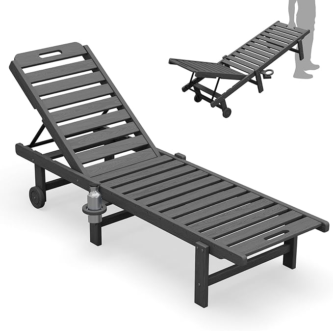 SERWALL Outdoor Chaise Lounge Chair, HDPE Patio Lounge Chair with Cup Holder, 5 Positions Adjustable Poly Lounger with Rolling Wheels for Poolside, Deck, Sunbathing, Grey