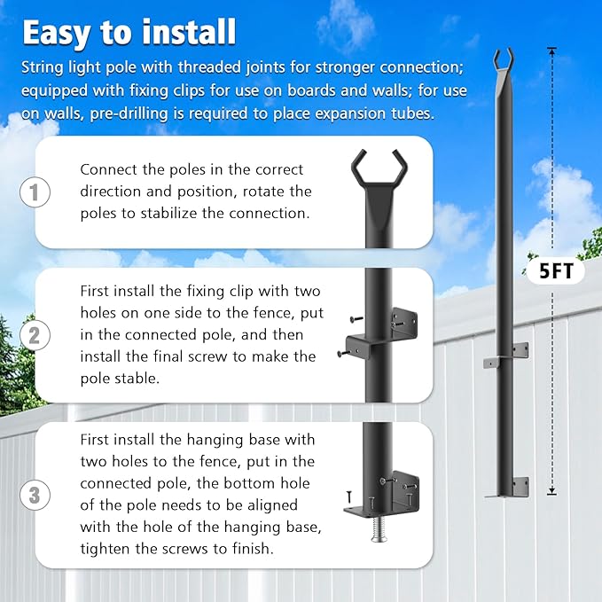 10 Pack String Light Poles,5Ft Light Poles for Outside String Lights,Outdoor Lights Pole with Fork,Metal Poles Stand for Patio Deck Backyard