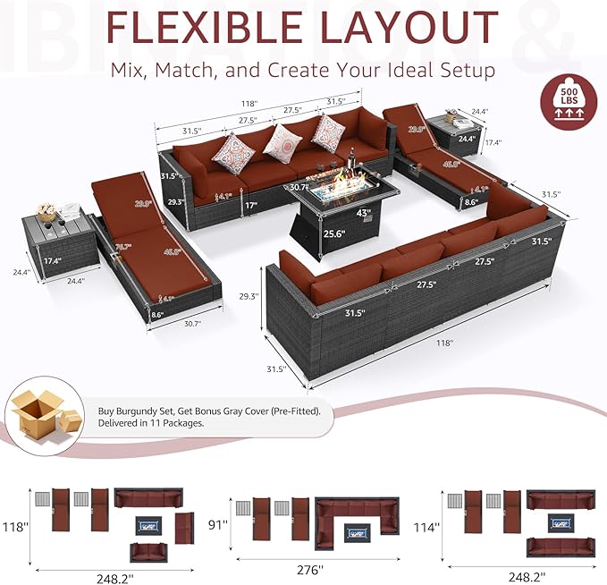 NICESOUL 13 Piece Large Outdoor Sectional with Fire Pit Table, 29.3'' High Back Patio Furniture with Fire Pit Table & Chaise Lounge, Big Deep 10-Seater for Garden, Grey Wicker & Burgundy Cushion
