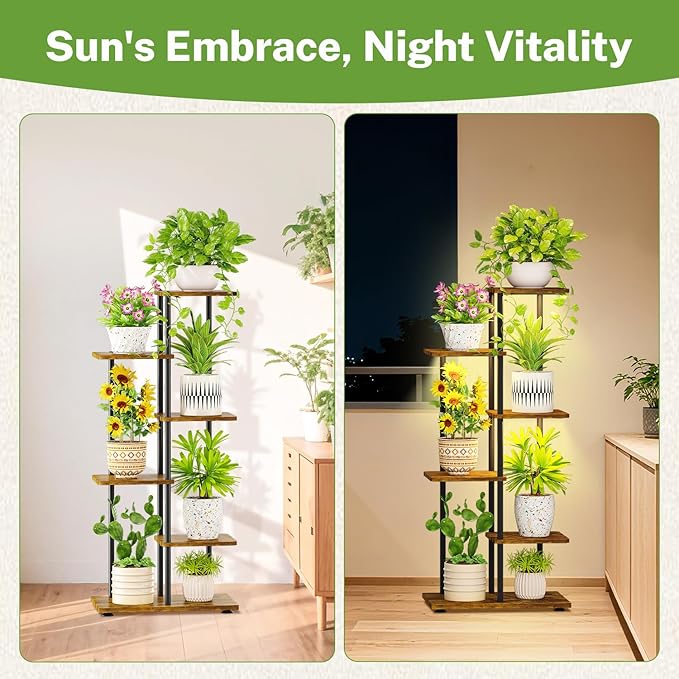 iDavosic.ly 5 Tier Plant Stand Indoor with Light, Tiered Corner Metal Wood Multiple Flower Holder Shelf, 42 Inch Tall Orchid Display Grow Rack for Living Room Bedroom, Modern Black & Rustic Brown