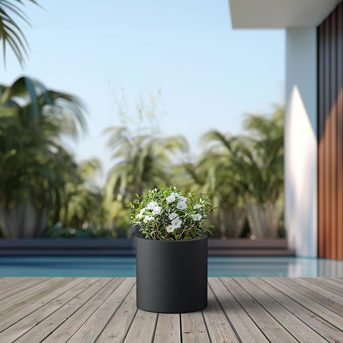 Kante 12.6" Dia Round Concrete Planter, Modern Style Large Cylindrical Plant Pot with Drainage Hole and Rubber Plug for Indoor Outdoor Patio, Black