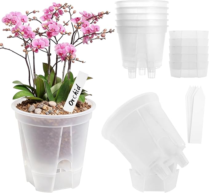 Clear Self Watering Pots for Indoor Plants with 9 Plant Labels, Deep Reservoir, High Drainage Holes, Bare Root Planter for Indoor/Outdoor Plants (5PCS)