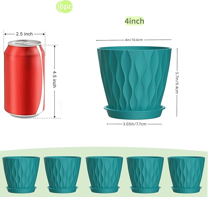 4 Inch Plant Pots, 6 Pack Indoor Flower Pots, Planters with Drainage Holes and Trays for Orchids, Violets, Succulents, Herbs, and Other Plants,Blue-Green