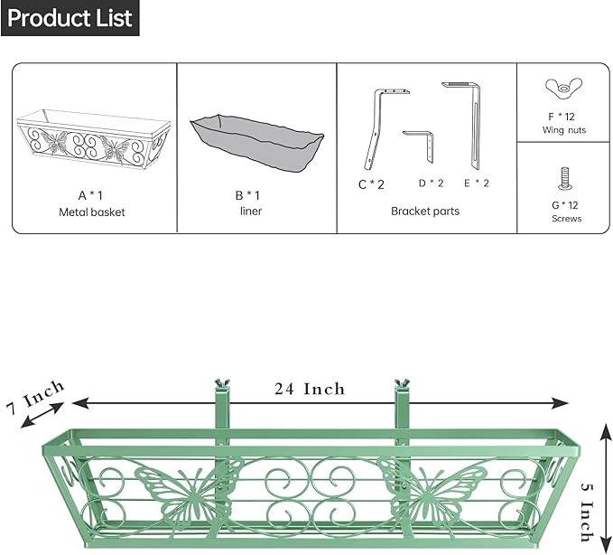 2 Pack 24 Inch Window Boxes Planters Railing Planter Box with Adjustable Brackets for Porch Fence Patio Balcony Hanging Flower Baskets with Woven Fabric for Outdoor Garden Decor - Green