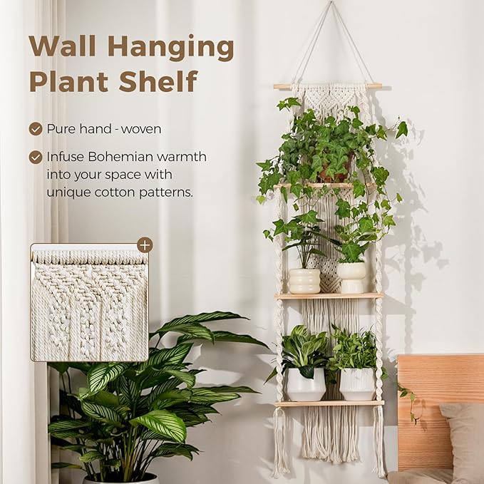 Bamworld Plant Wall Shelf Boho Plant Stand Window Plant Shelf 3 Tier Macrame Plant Hangers Boho Room Decor Hanging Shelf for Bedroom, Living Room, Balcony