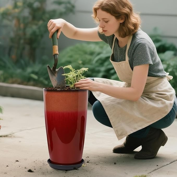 Set of 2 Lightweight Ceramic-Look Tall Planter, 21 inch Large Plastic Planter with Drain Hole & Saucers, Large Outdoor Planters for Porch, Garden, Patio, Balcony(Fiery Red)