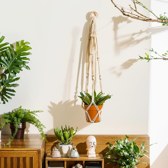 Artilady Plant Hanger Indoor Macrame Hanging Planters for Plants Holder Boho White Basket No Tassels Farmhouse Rustic Window Wall Decor (White Planter-1pcs)