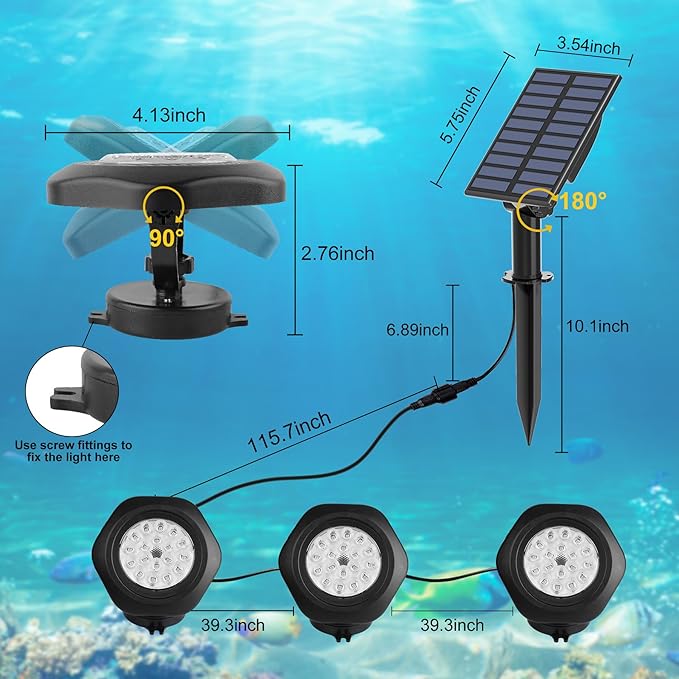Solar Pond Lights,3000K Warm White LED Underwater Submersible Fountain Light,IP68 Waterproof Landscape Spotlights Lighting for Fish Aquarium Tank Garden Yard Pond Pool Decor(3-in-1)