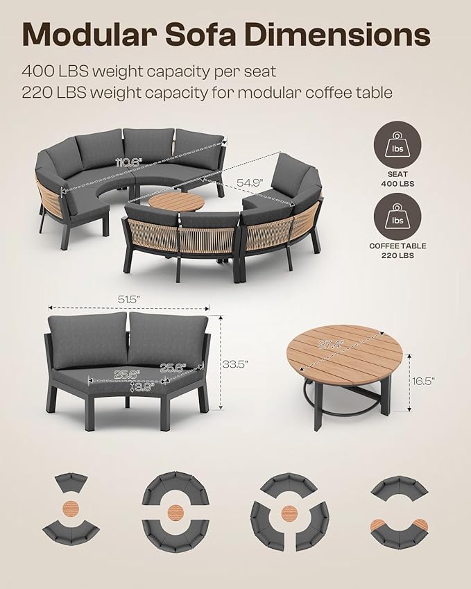Outdoor Aluminum Patio Furniture Set, 7 Piece Curved Outdoor Sectional Sofas with Coffee Table, PE Rope Patio Conversation Sets, All-Weather Patio Couch Sets with Cushions, Graphite